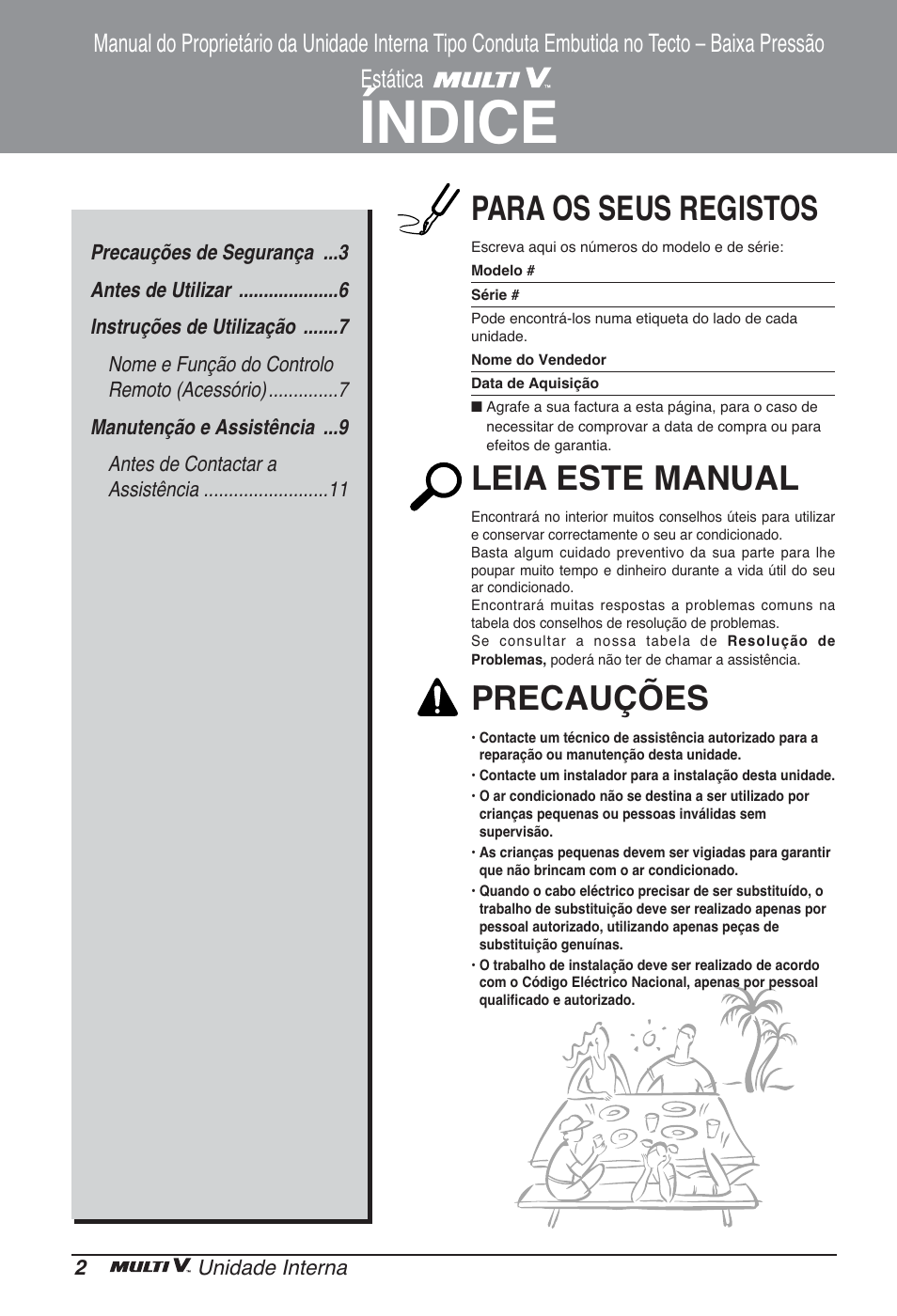 Índice, Para os seus registos, Leia este manual | Precauções | LG ARNU07GB3G2 User Manual | Page 62 / 193