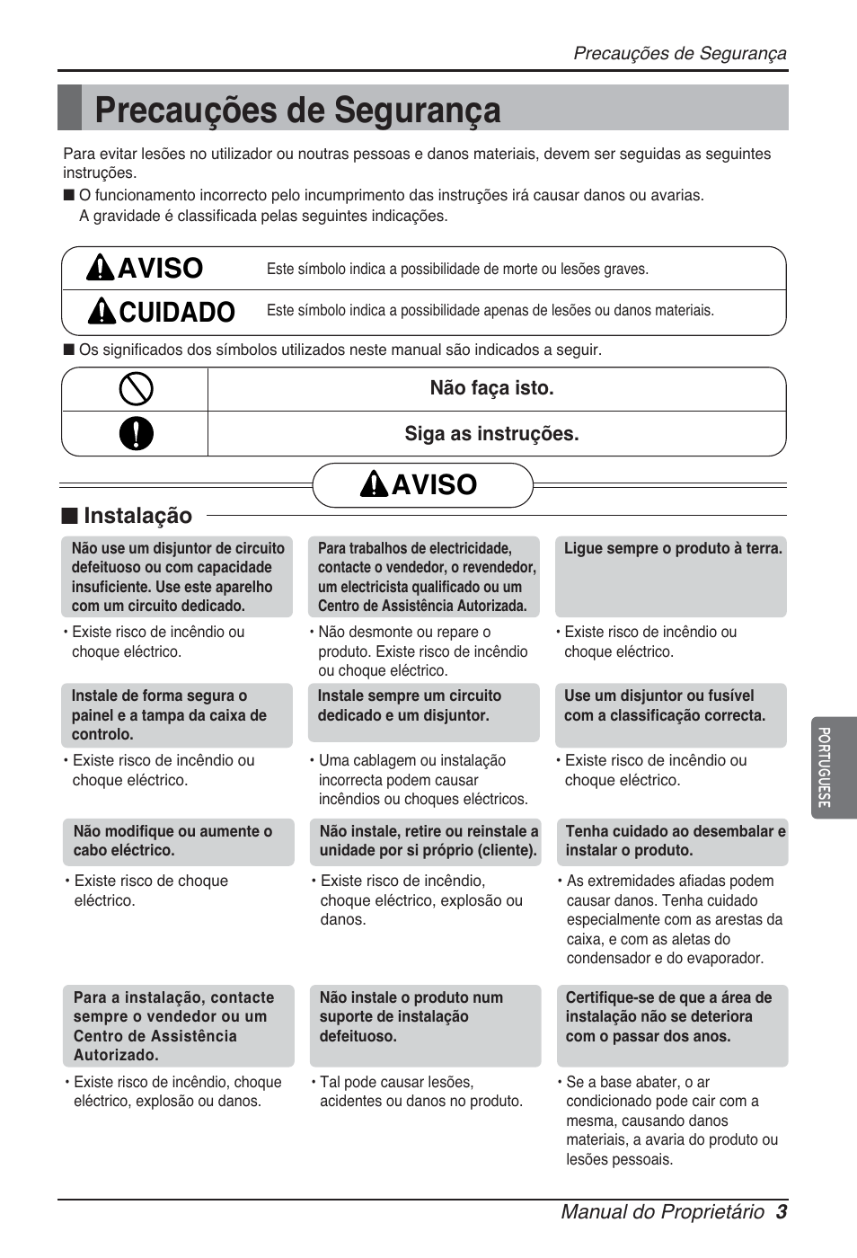 Precauções de segurança, Aviso cuidado, Aviso | English, Instalação | LG ARNU07GB3G2 User Manual | Page 63 / 193