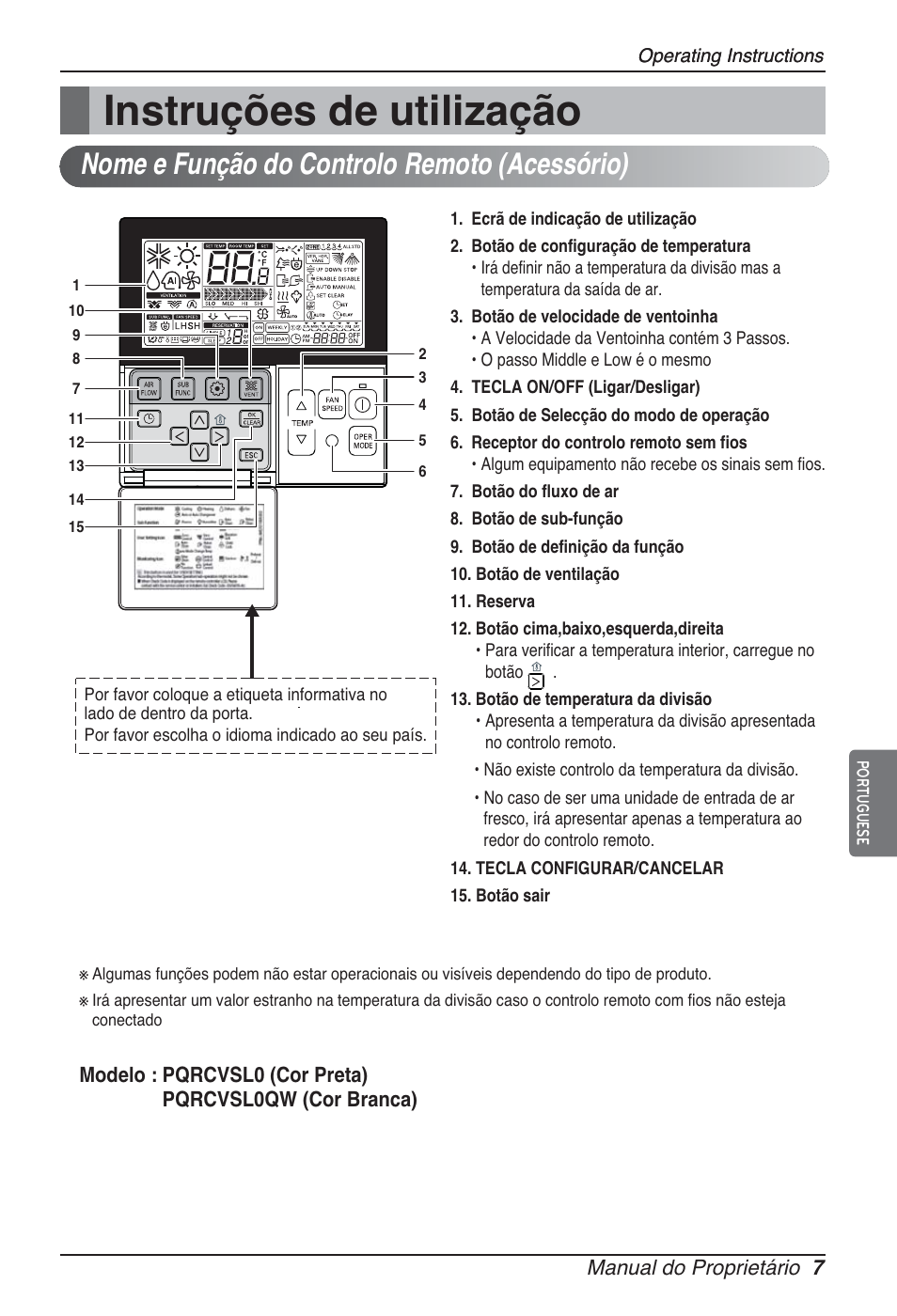 Instruções de utilização, Nome e função do controlo remoto (acessório) | LG ARNU07GB3G2 User Manual | Page 67 / 193