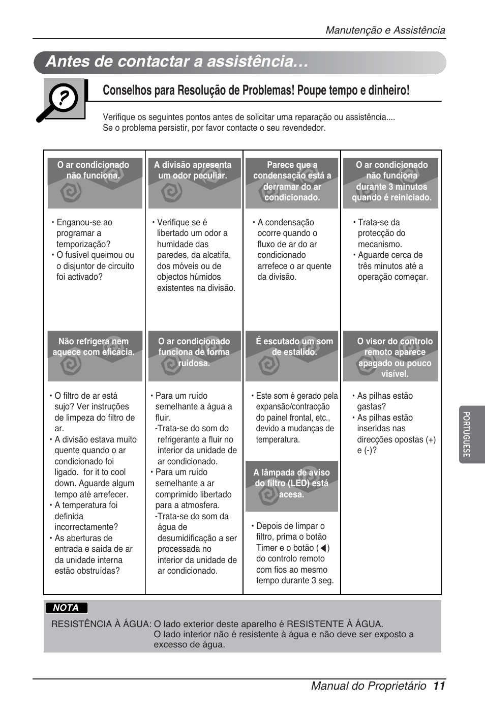 Antes de contactar a assistência, Manual do proprietário 11 | LG ARNU07GB3G2 User Manual | Page 71 / 193