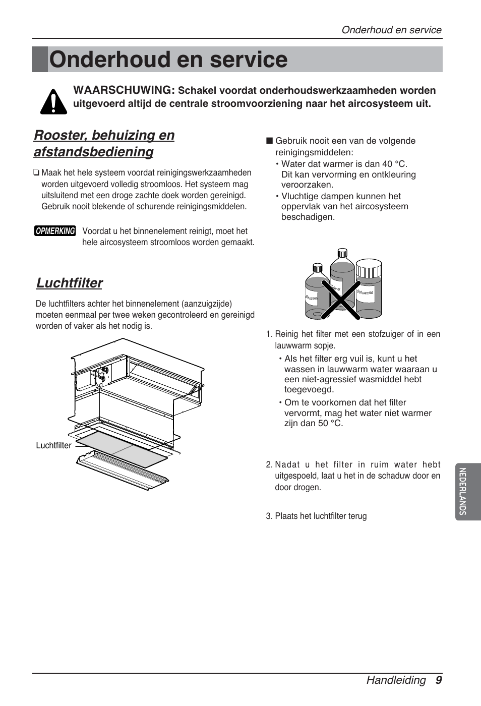 Onderhoud en service, Rooster, behuizing en afstandsbediening, Luchtfilter | Handleiding 9, Waarschuwing | LG ARNU07GB3G2 User Manual | Page 81 / 193