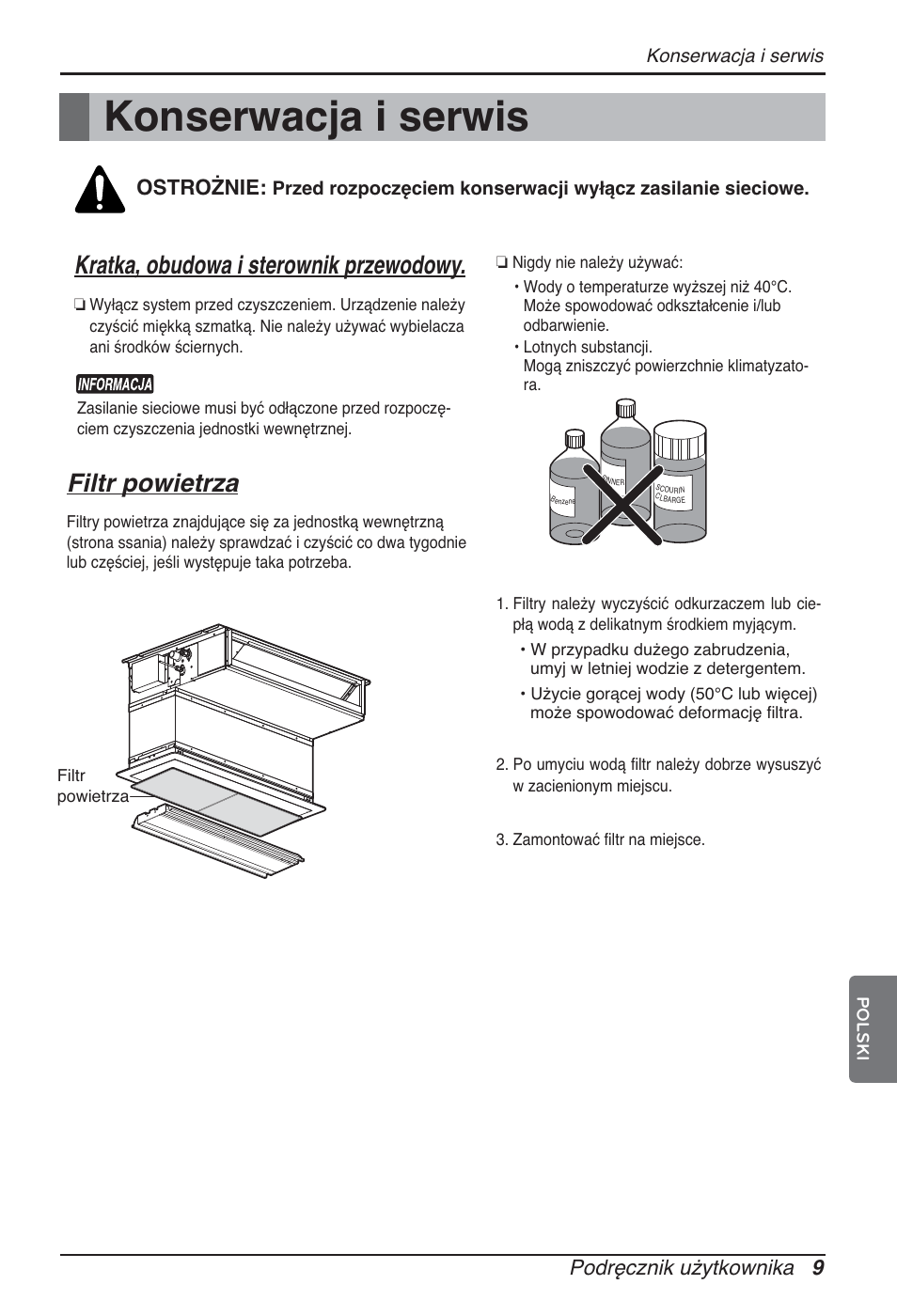 Konserwacja i serwis, Kratka, obudowa i sterownik przewodowy, Filtr powietrza | Podręcznik użytkownika 9, Ostrożnie | LG ARNU07GB3G2 User Manual | Page 93 / 193