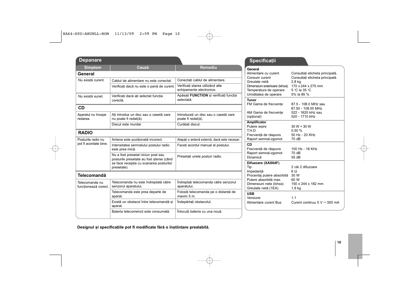 Specifica—ii, Depanare | LG XA64 User Manual | Page 101 / 104