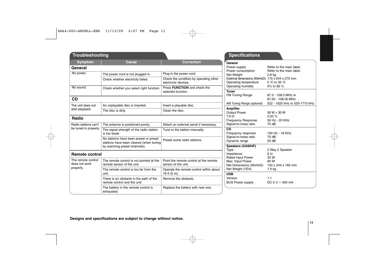 Troubleshooting, Specifications | LG XA64 User Manual | Page 11 / 104