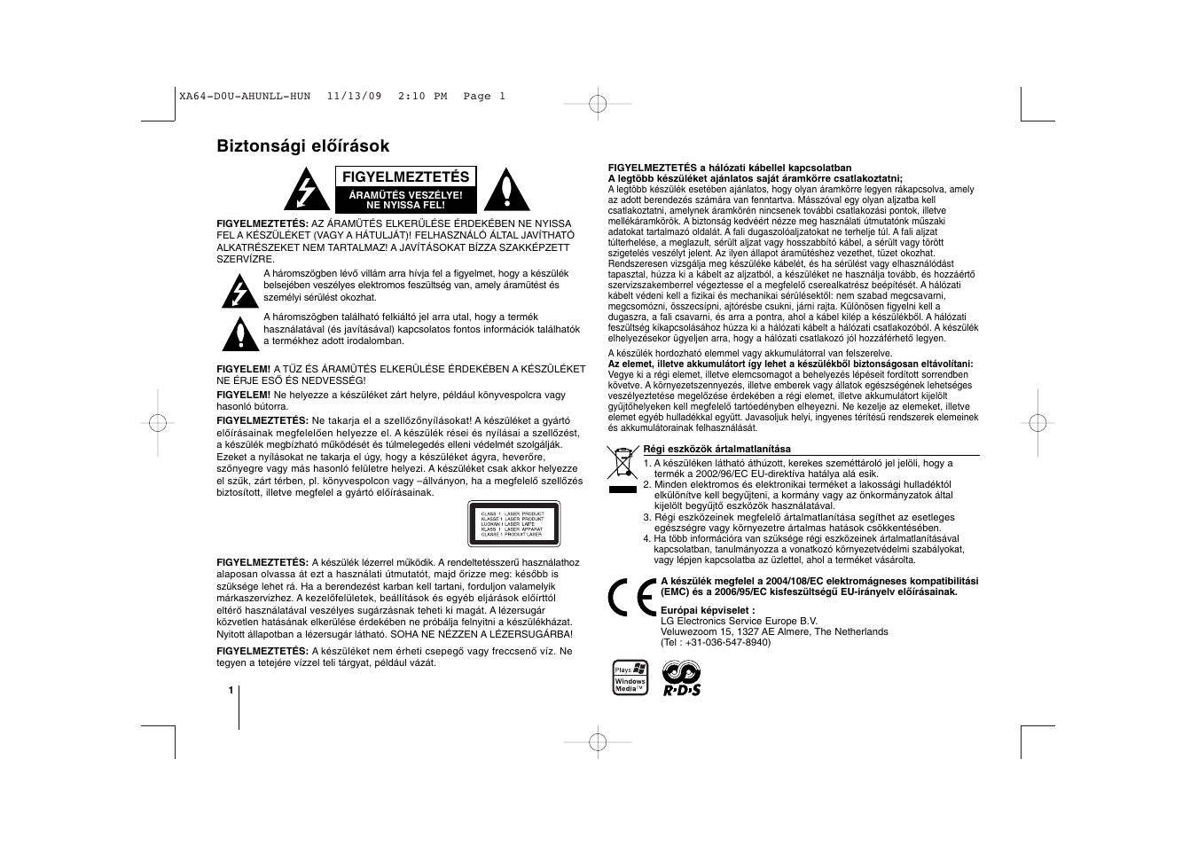 Biztonsági előírások, Figyelmeztetés | LG XA64 User Manual | Page 12 / 104