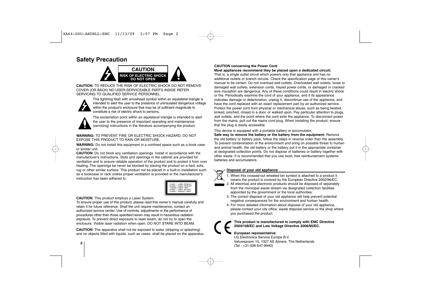 Safety precaution, Caution | LG XA64 User Manual | Page 2 / 104