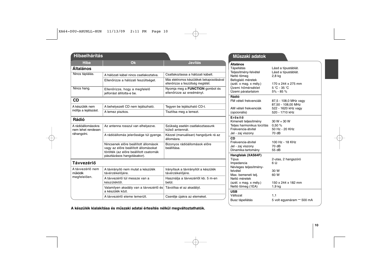 Műszaki adatok, Hibaelhárítás | LG XA64 User Manual | Page 21 / 104