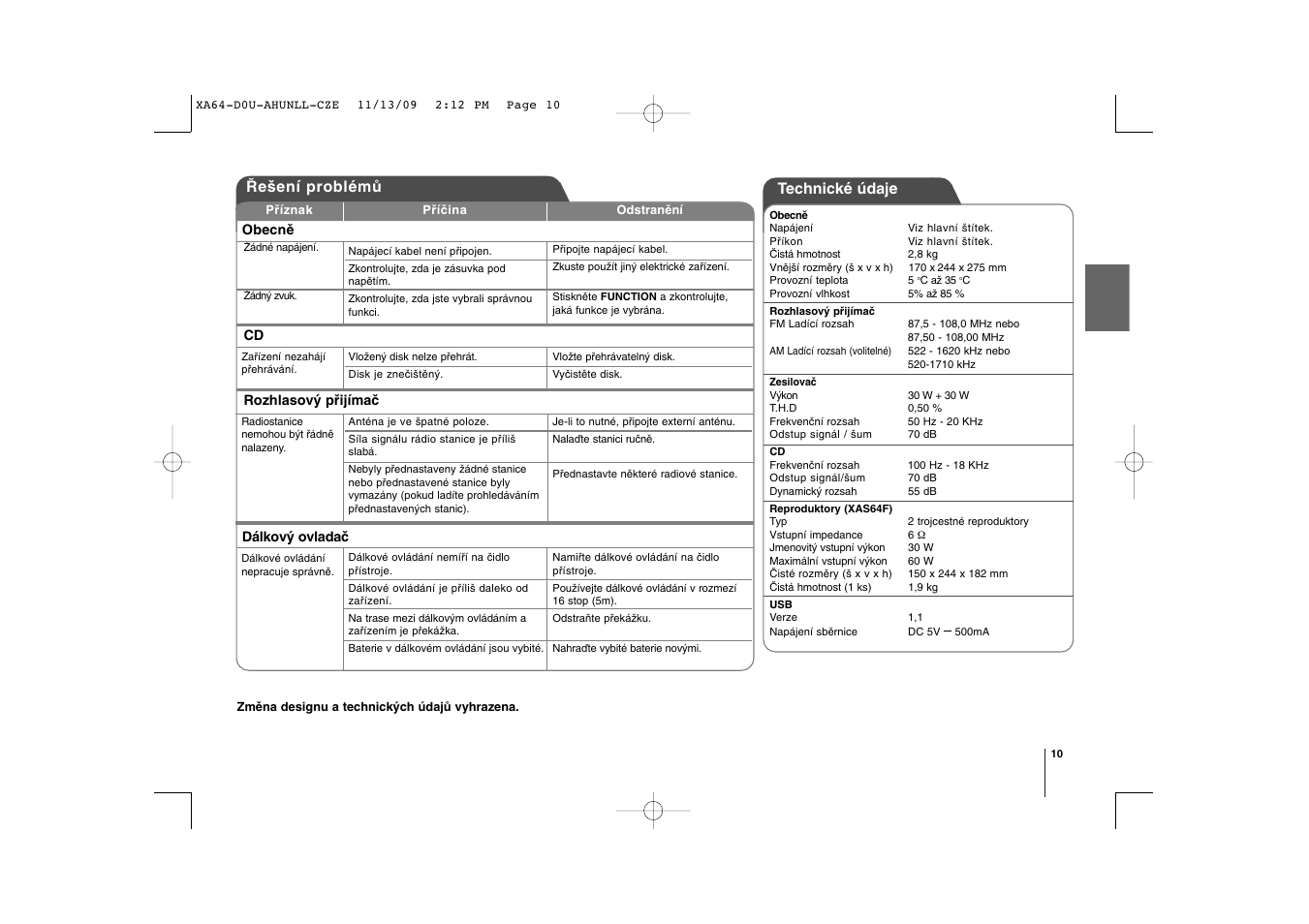 Technické údaje, Řešení problémů | LG XA64 User Manual | Page 31 / 104