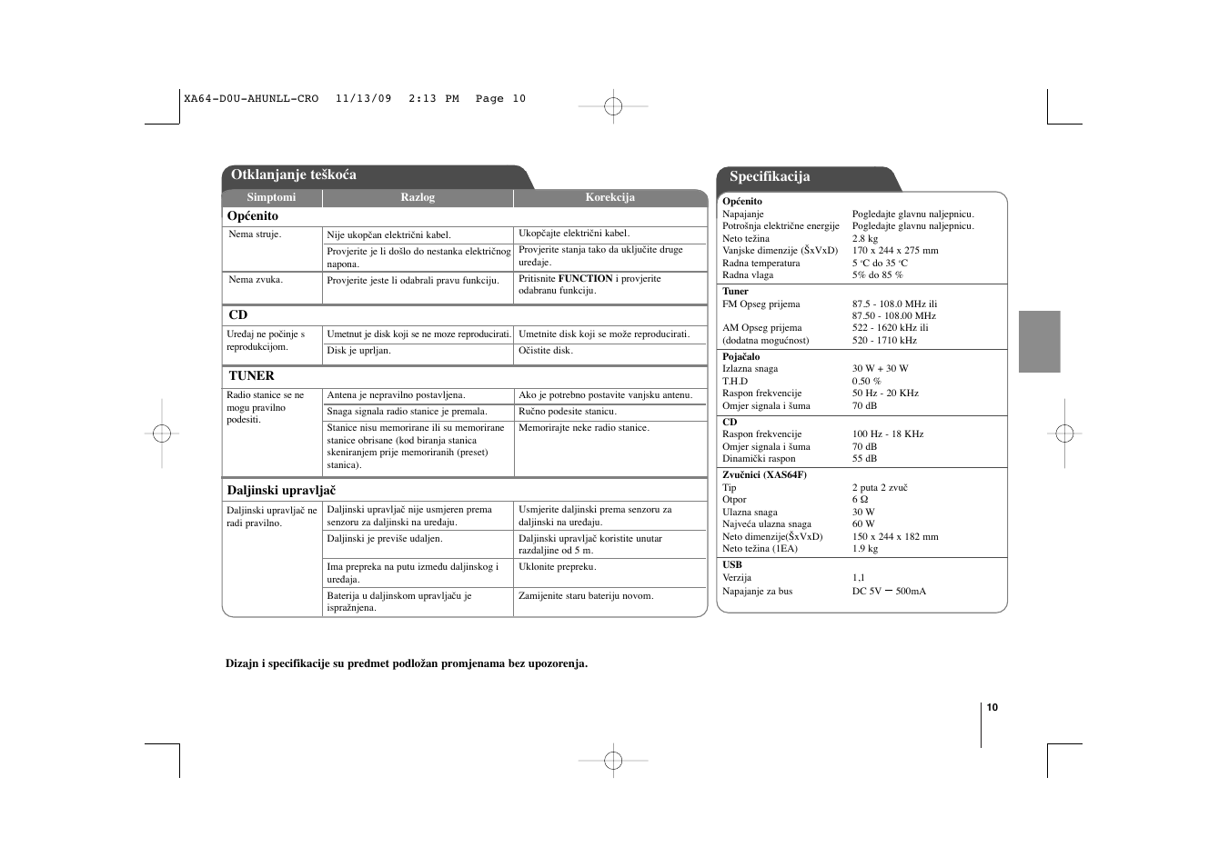 Specifikacija, Otklanjanje teškoća | LG XA64 User Manual | Page 41 / 104