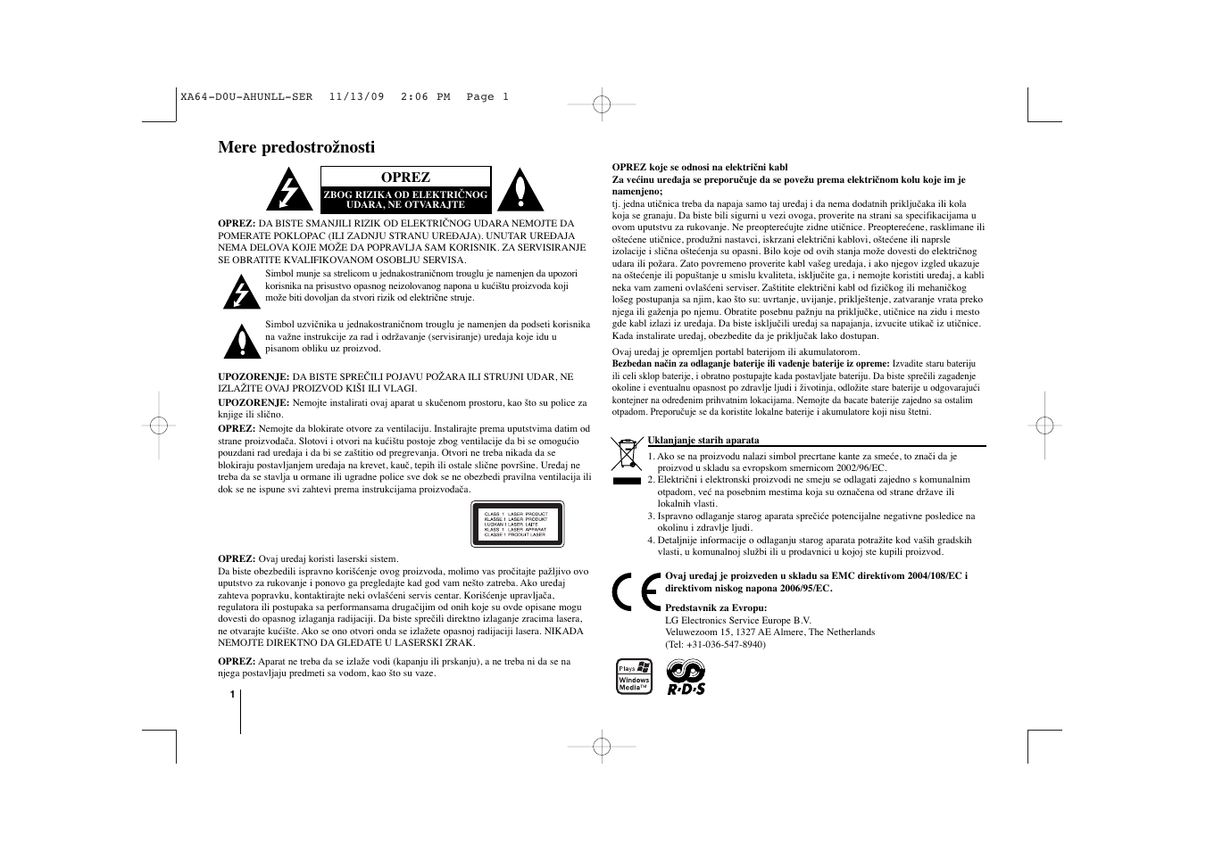 Mere predostrožnosti, Oprez | LG XA64 User Manual | Page 42 / 104