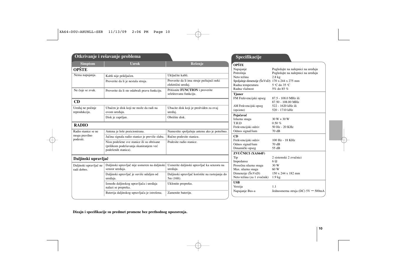 Specifikacije, Otkrivanje i rešavanje problema | LG XA64 User Manual | Page 51 / 104