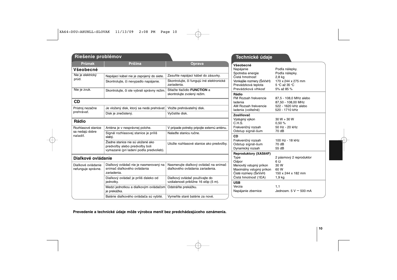 Technické údaje, Riešenie problémov | LG XA64 User Manual | Page 61 / 104