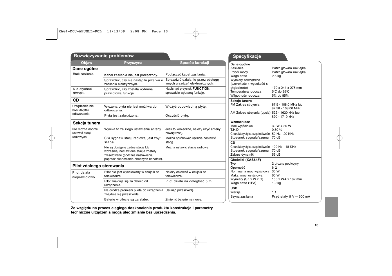 Specyfikacje, Rozwiązywanie problemów | LG XA64 User Manual | Page 91 / 104