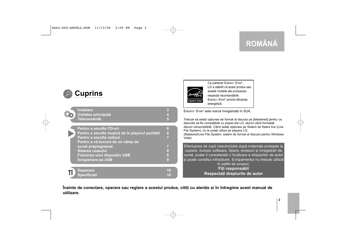 Cuprins, Românã | LG XA64 User Manual | Page 93 / 104