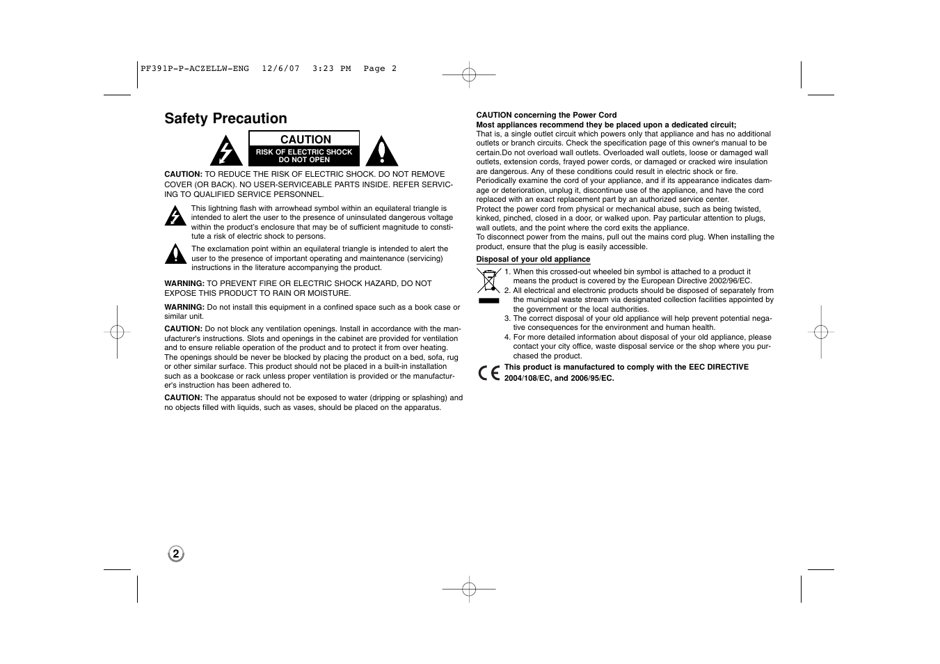 Safety precaution | LG PF391 User Manual | Page 2 / 80