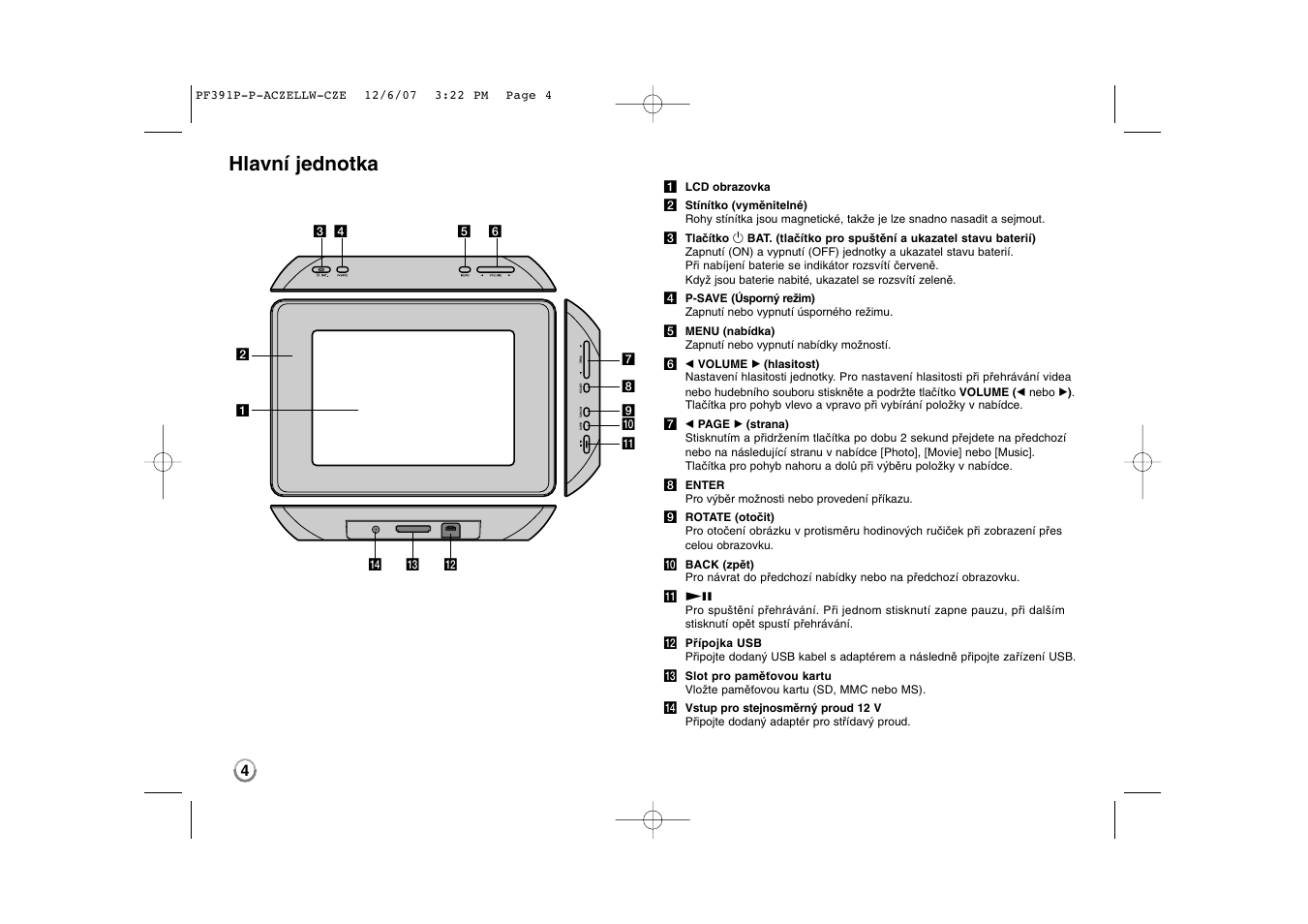 Hlavní jednotka | LG PF391 User Manual | Page 20 / 80