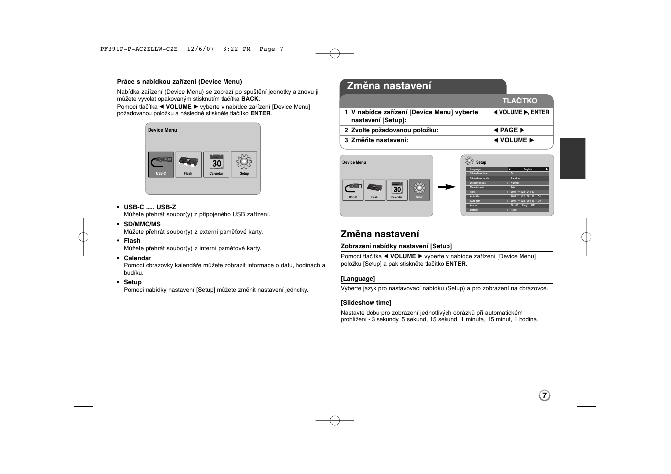 Změna nastavení, Tlačítko | LG PF391 User Manual | Page 23 / 80