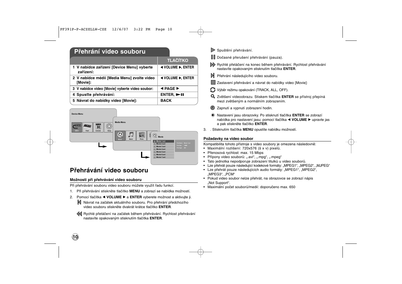 Přehrávání video souboru, Přehrání video souboru | LG PF391 User Manual | Page 26 / 80
