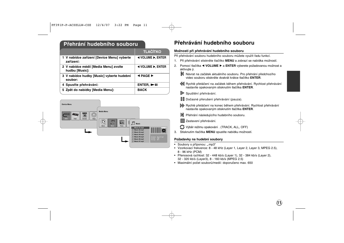 Přehrávání hudebního souboru, Přehrání hudebního souboru | LG PF391 User Manual | Page 27 / 80