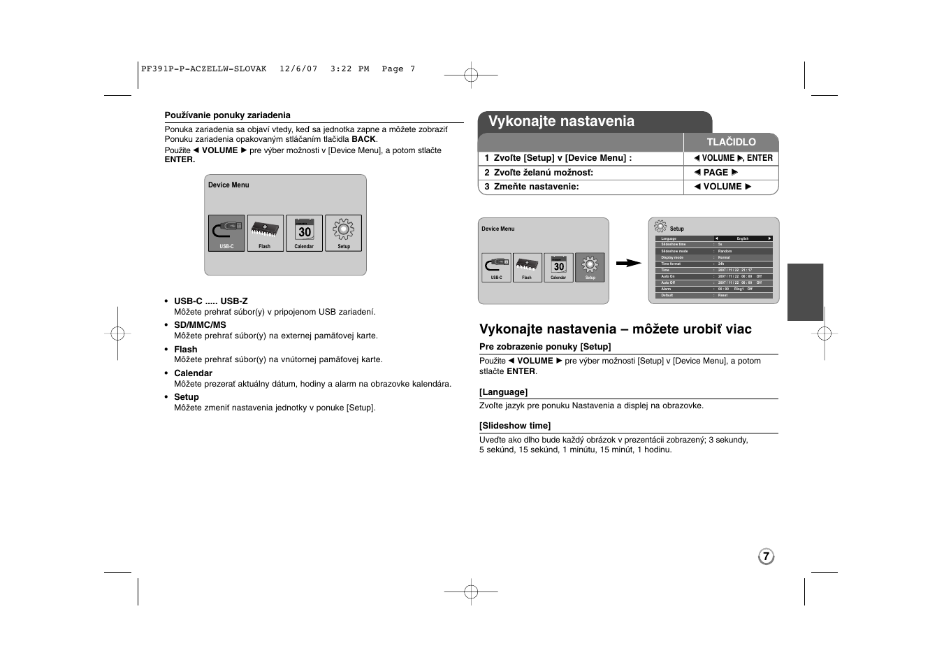 Vykonajte nastavenia, Vykonajte nastavenia – môžete urobiť viac, Tlačidlo | LG PF391 User Manual | Page 39 / 80