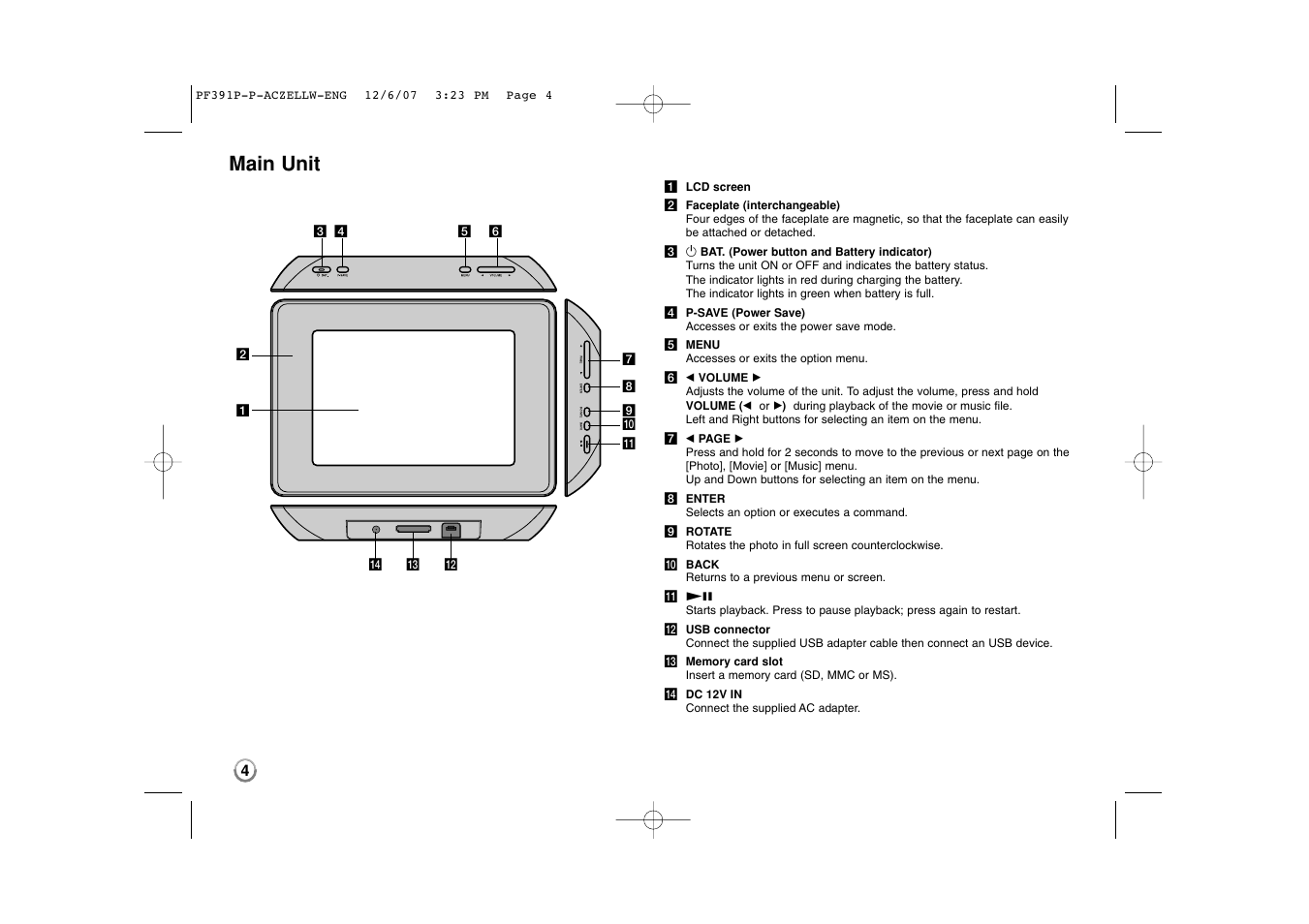 Main unit | LG PF391 User Manual | Page 4 / 80
