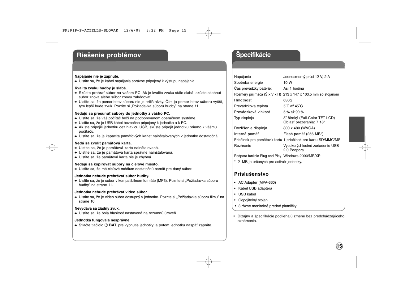 Špecifikácie riešenie problémov | LG PF391 User Manual | Page 47 / 80