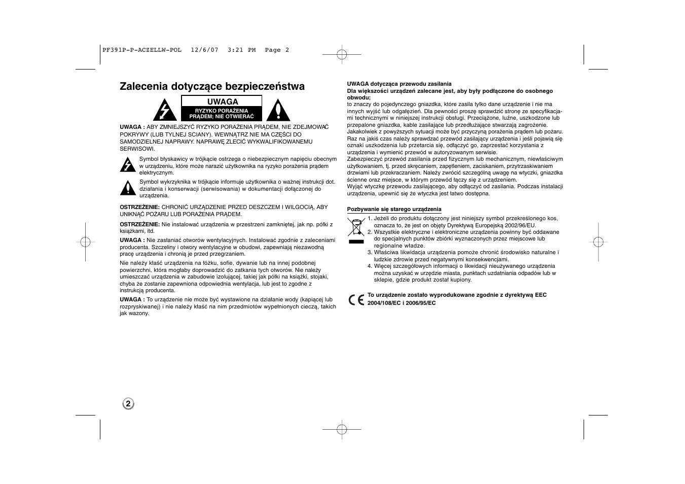 Zalecenia dotyczące bezpieczeństwa | LG PF391 User Manual | Page 66 / 80