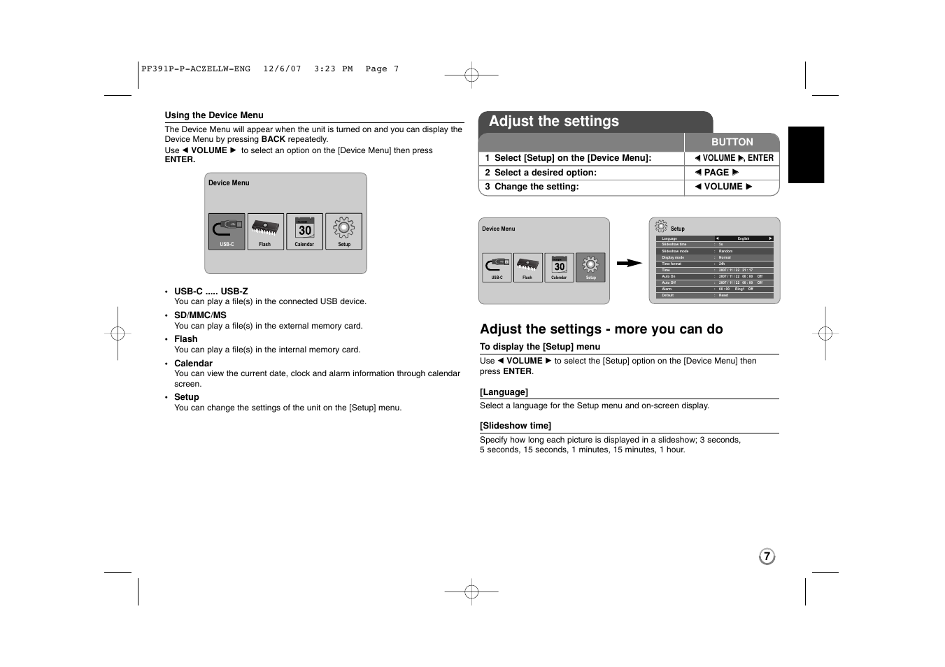 Adjust the settings, Adjust the settings - more you can do, Button | LG PF391 User Manual | Page 7 / 80