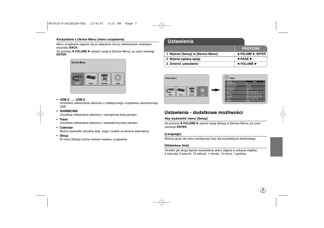 Ustawienia, Ustawienia - dodatkowe możliwości, Przycisk | LG PF391 User Manual | Page 71 / 80