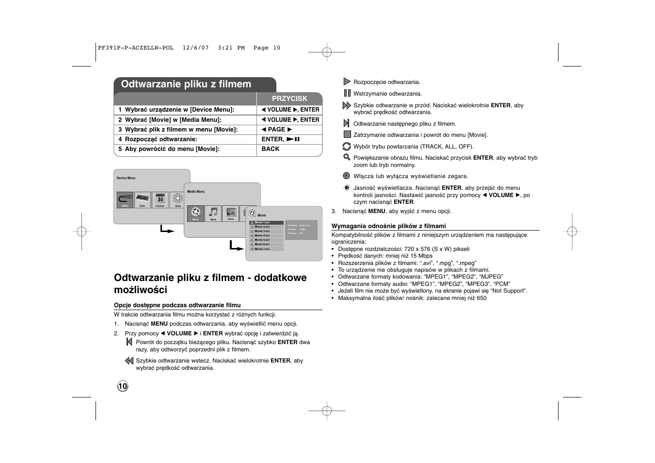 Odtwarzanie pliku z filmem - dodatkowe możliwości, Odtwarzanie pliku z filmem | LG PF391 User Manual | Page 74 / 80