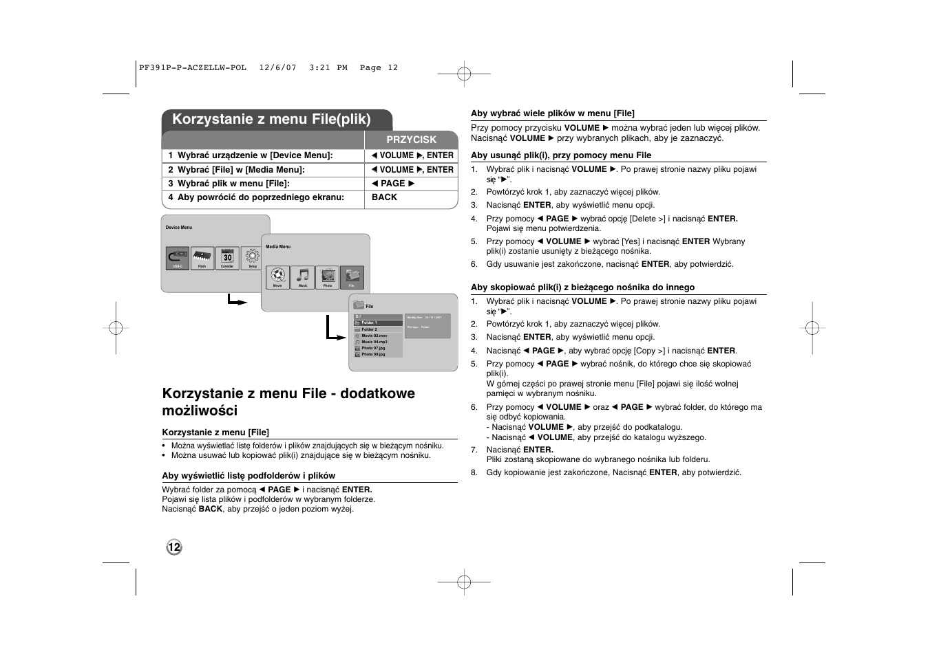 Korzystanie z menu file - dodatkowe możliwości, Korzystanie z menu file(plik) | LG PF391 User Manual | Page 76 / 80