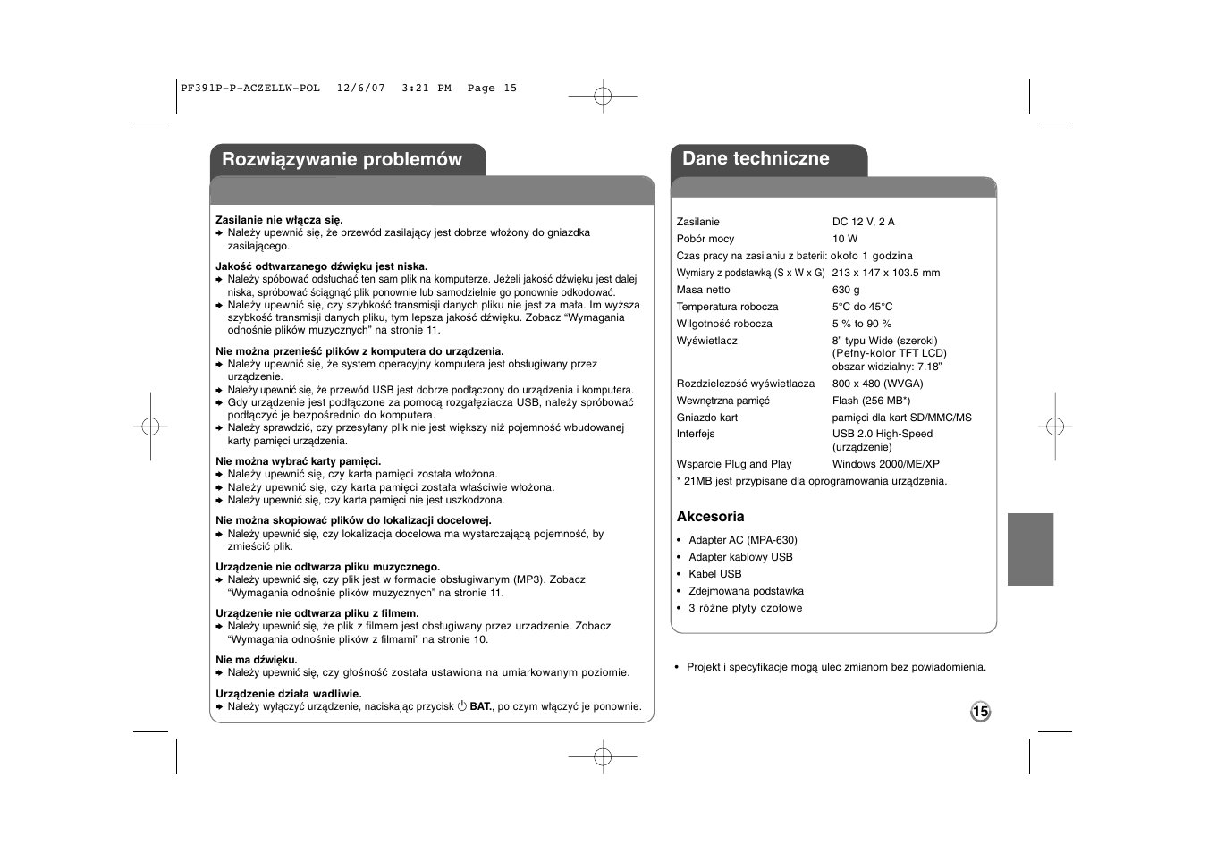 Dane techniczne rozwiązywanie problemów | LG PF391 User Manual | Page 79 / 80