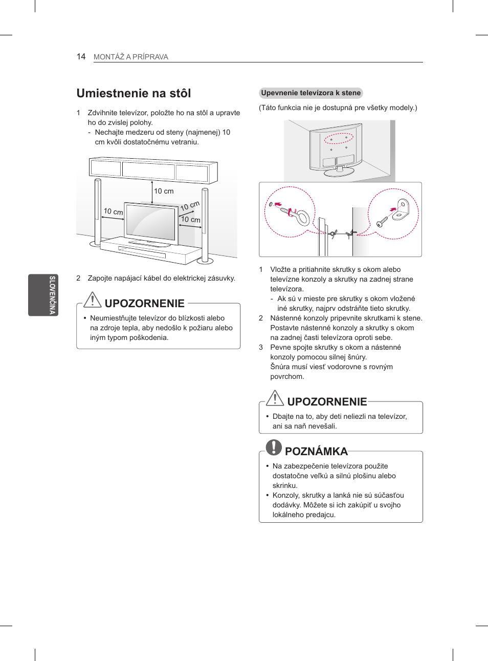Umiestnenie na stôl, Upozornenie, Poznámka | LG 26LN450B User Manual | Page 101 / 375