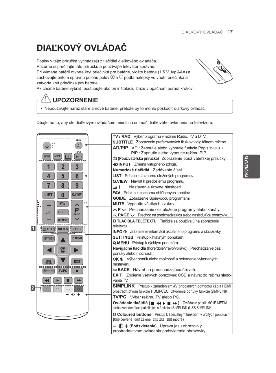 Diaľkový ovládač, Upozornenie | LG 26LN450B User Manual | Page 104 / 375