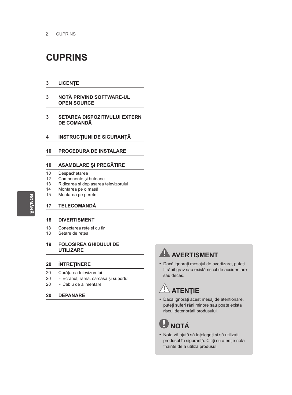 Cuprins, Avertisment, Atenţie | Notă | LG 26LN450B User Manual | Page 109 / 375