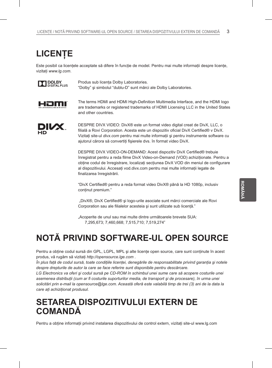 Licenţe, Notă privind software-ul open source, Setarea dispozitivului extern de comandă | LG 26LN450B User Manual | Page 110 / 375