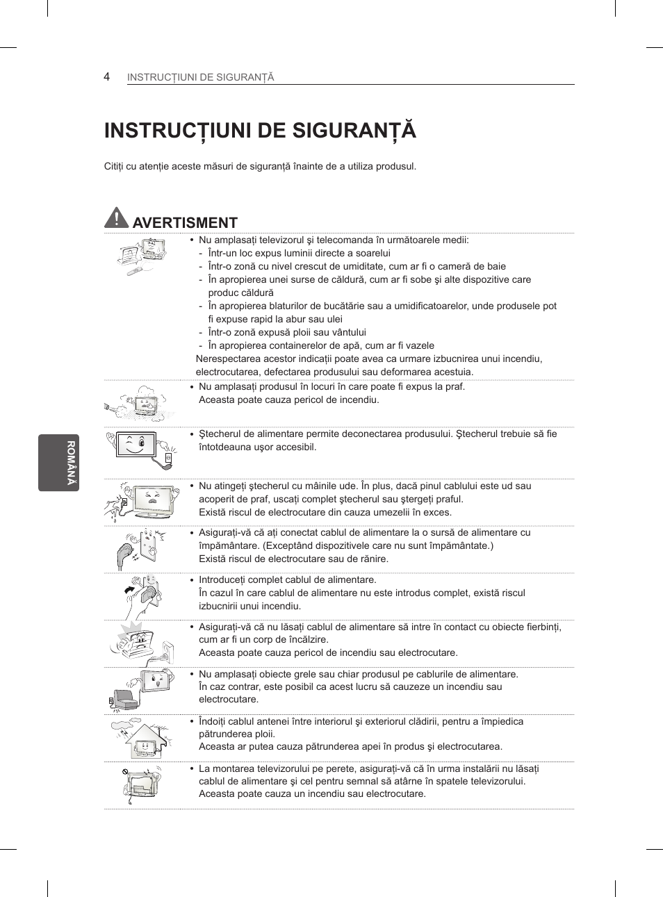 Instrucţiuni de siguranţă, Avertisment | LG 26LN450B User Manual | Page 111 / 375