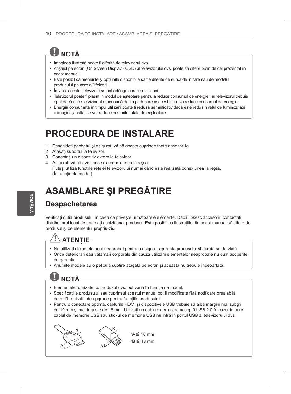 Procedura de instalare, Asamblare şi pregătire, Despachetarea | Notă, Atenţie | LG 26LN450B User Manual | Page 117 / 375