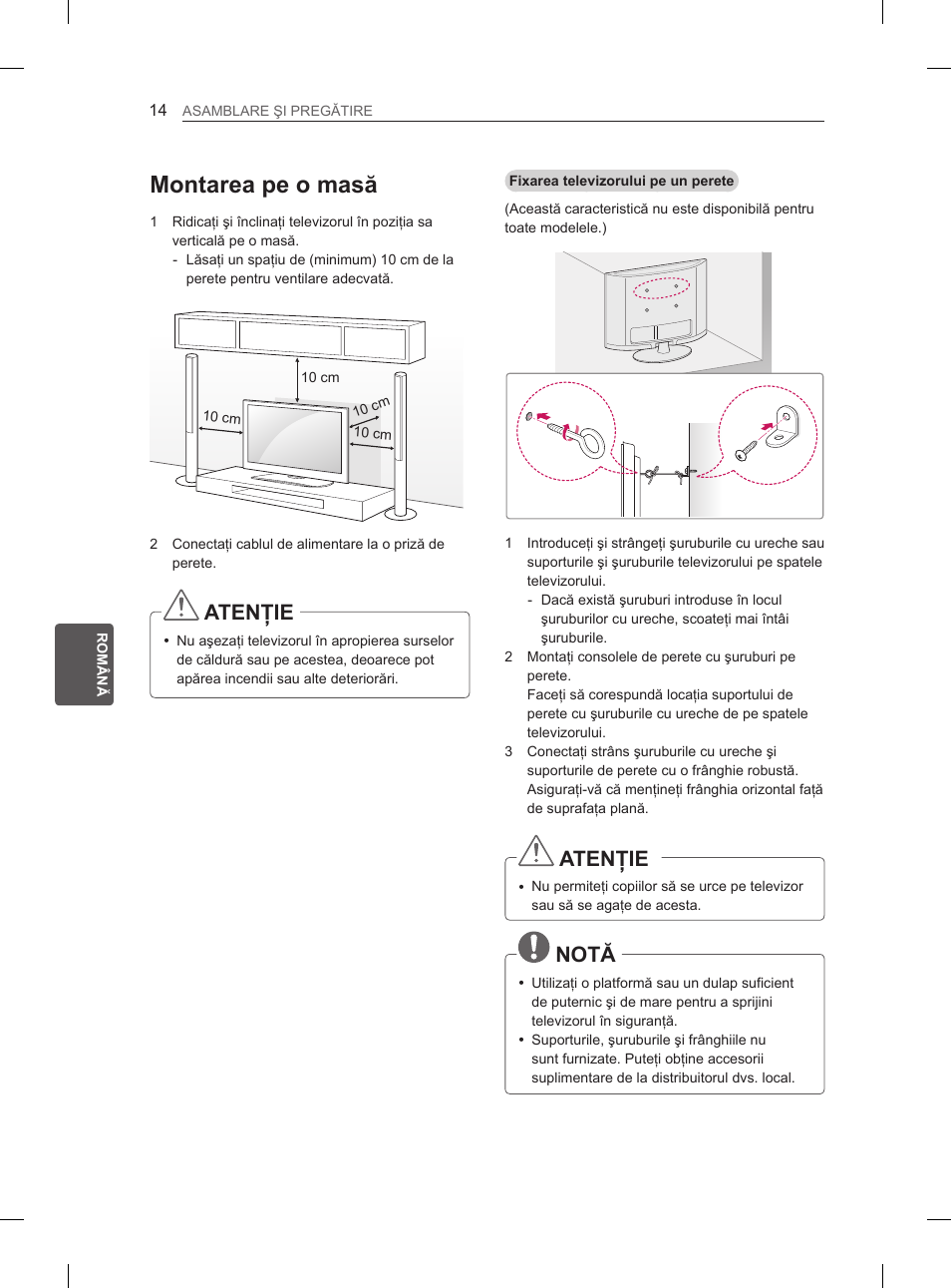 Montarea pe o masă, Atenţie, Notă | LG 26LN450B User Manual | Page 121 / 375