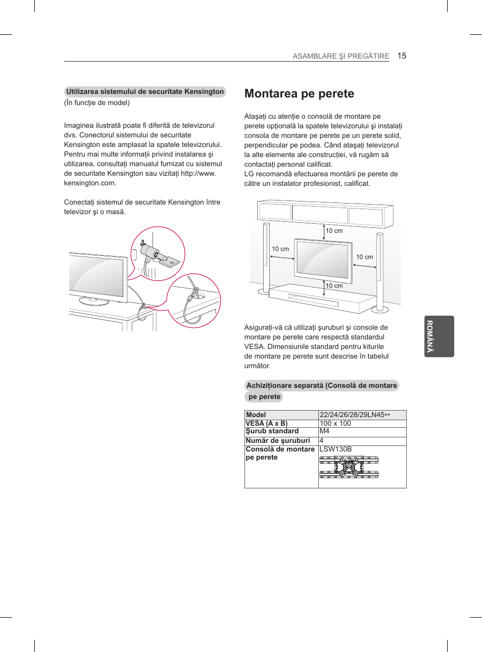 Montarea pe perete | LG 26LN450B User Manual | Page 122 / 375