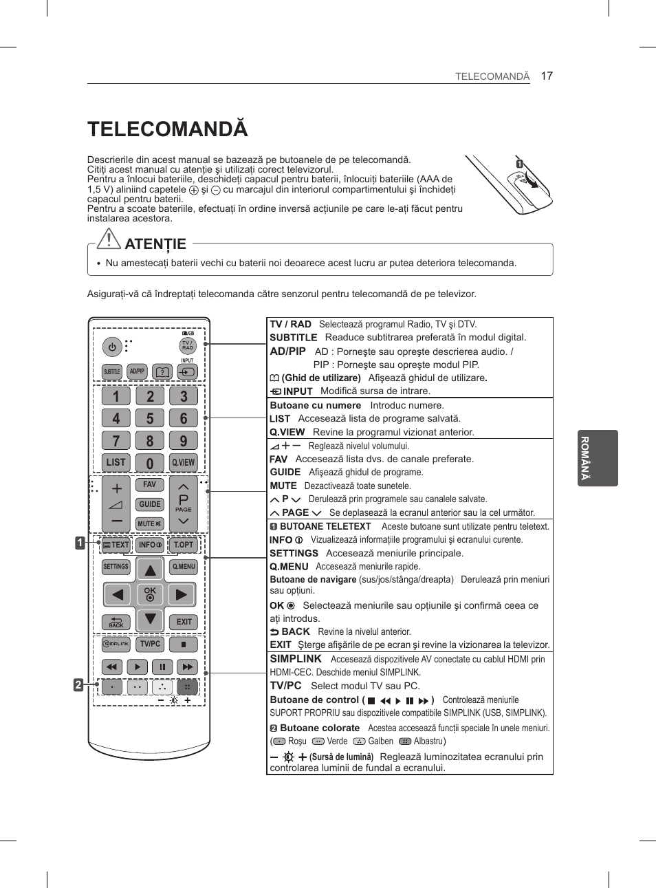 Telecomandă, Atenţie | LG 26LN450B User Manual | Page 124 / 375