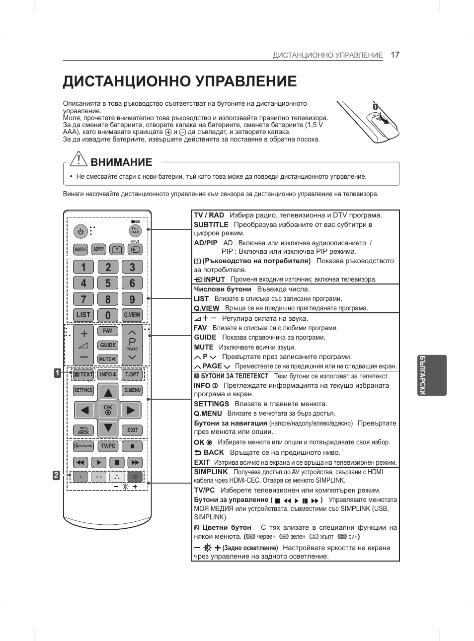 Дистанционно управление, Внимание | LG 26LN450B User Manual | Page 144 / 375