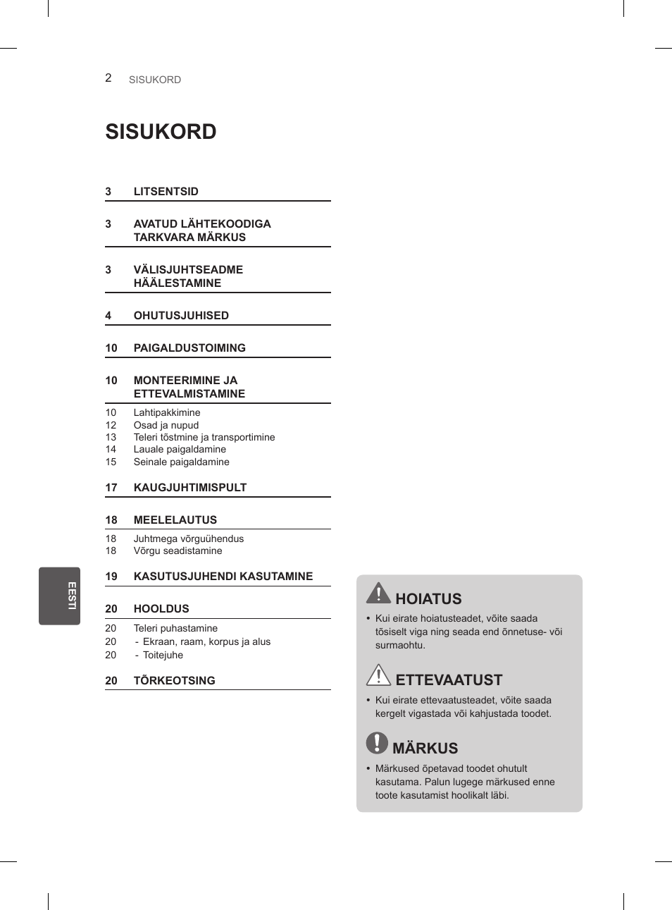 Sisukord, Hoiatus, Ettevaatust | Märkus | LG 26LN450B User Manual | Page 149 / 375