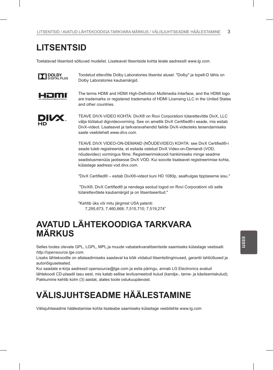 Litsentsid, Avatud lähtekoodiga tarkvara märkus, Välisjuhtseadme häälestamine | LG 26LN450B User Manual | Page 150 / 375