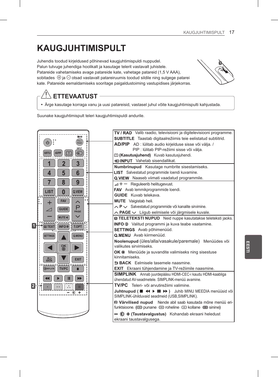 Kaugjuhtimispult, Ettevaatust | LG 26LN450B User Manual | Page 164 / 375