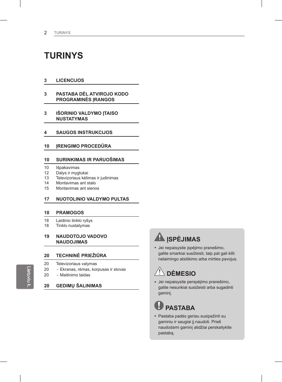 Turinys, Įspėjimas, Dėmesio | Pastaba | LG 26LN450B User Manual | Page 169 / 375