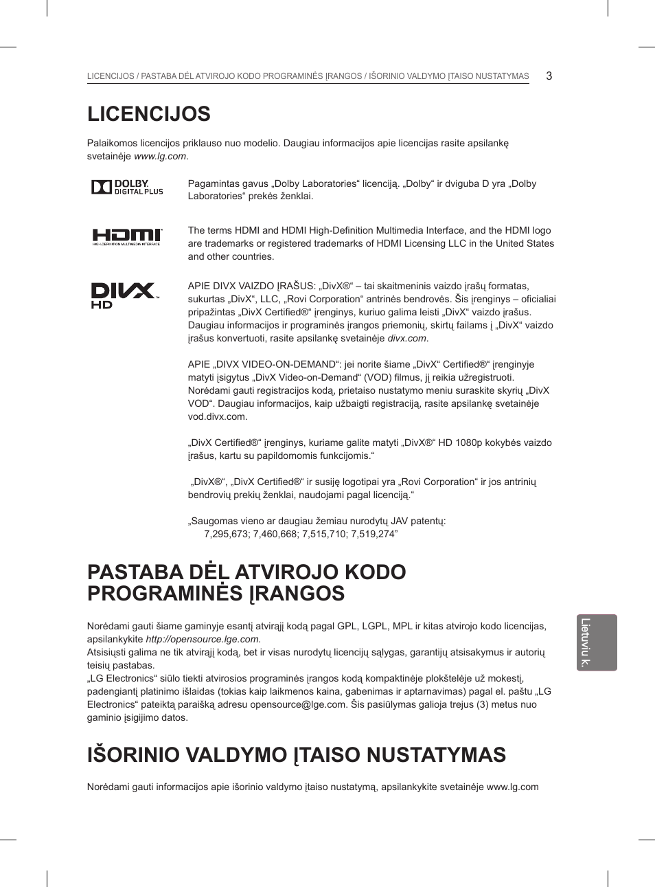 Licencijos, Pastaba dėl atvirojo kodo programinės įrangos, Išorinio valdymo įtaiso nustatymas | LG 26LN450B User Manual | Page 170 / 375