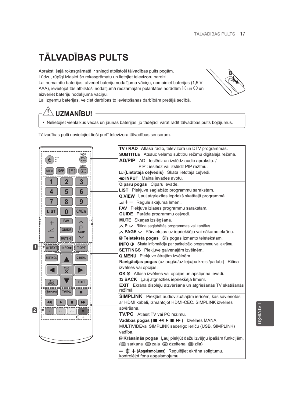 Tālvadības pults, Uzmanību | LG 26LN450B User Manual | Page 204 / 375