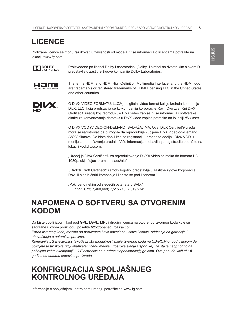Licence, Napomena o softveru sa otvorenim kodom, Konfiguracija spoljašnjeg kontrolnog uređaja | LG 26LN450B User Manual | Page 210 / 375