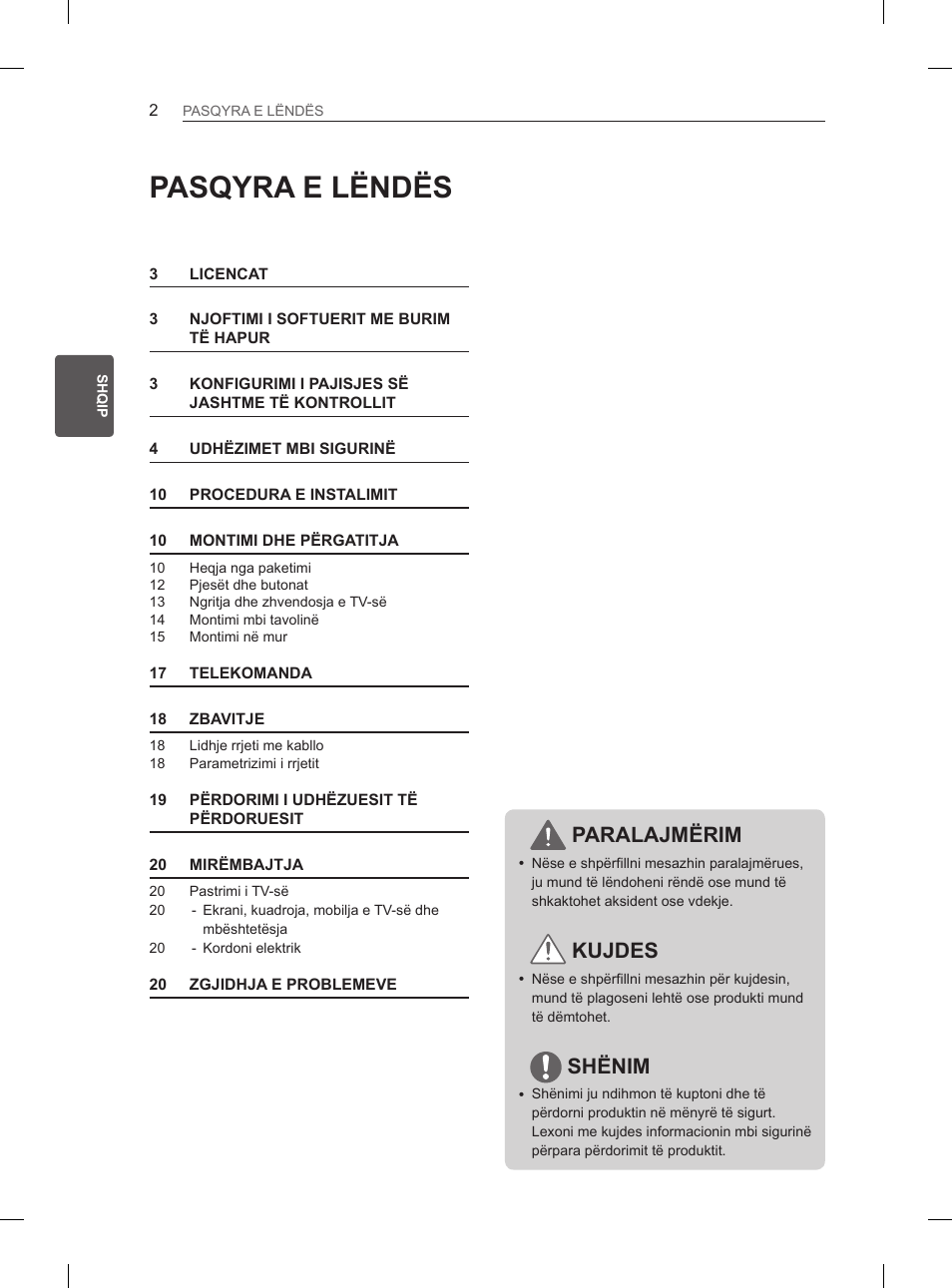 Pasqyra e lëndës, Paralajmërim, Kujdes | Shënim | LG 26LN450B User Manual | Page 249 / 375